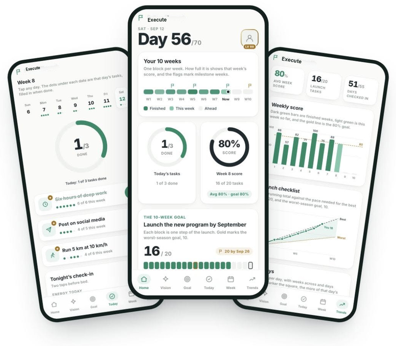 The Execute™ app: your ten weeks, your daily actions, and your weekly score in one place.