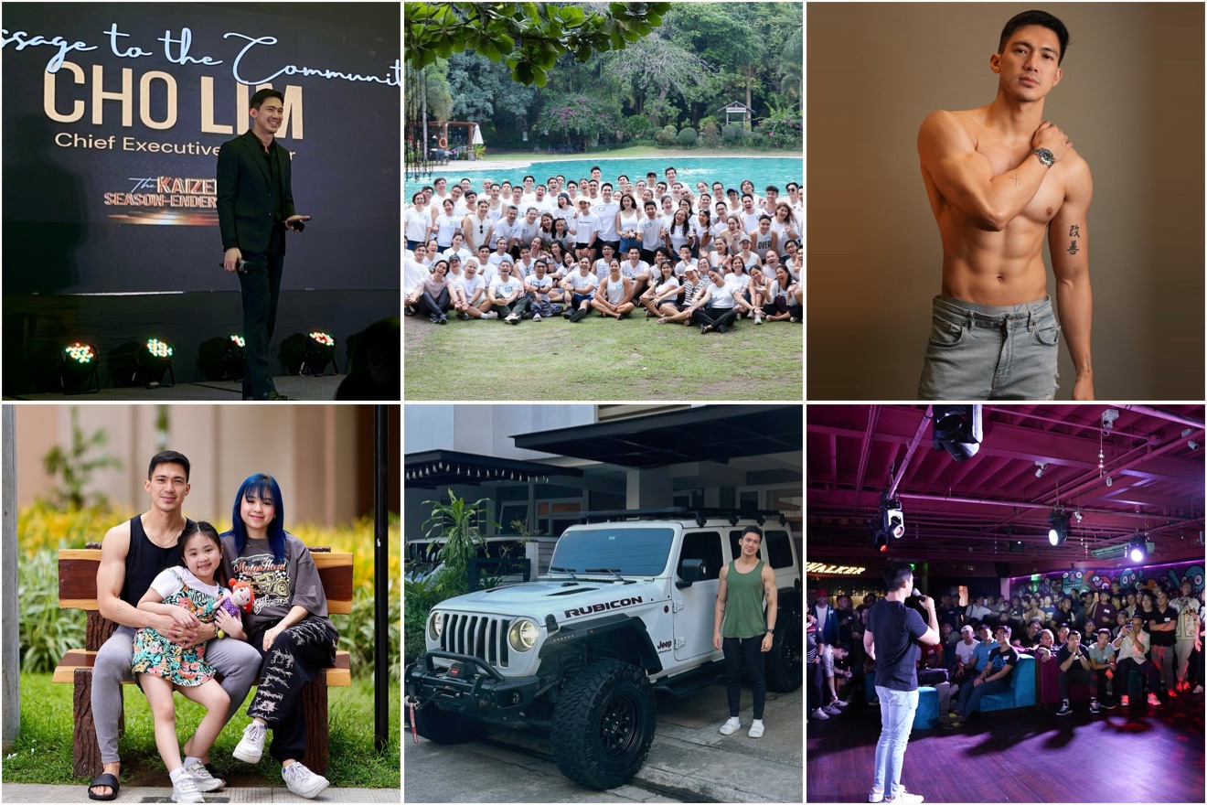 Coach Cho on stage at the Kaizen season-ender, the company team, a studio portrait, speaking to a packed room, family, and his Jeep.